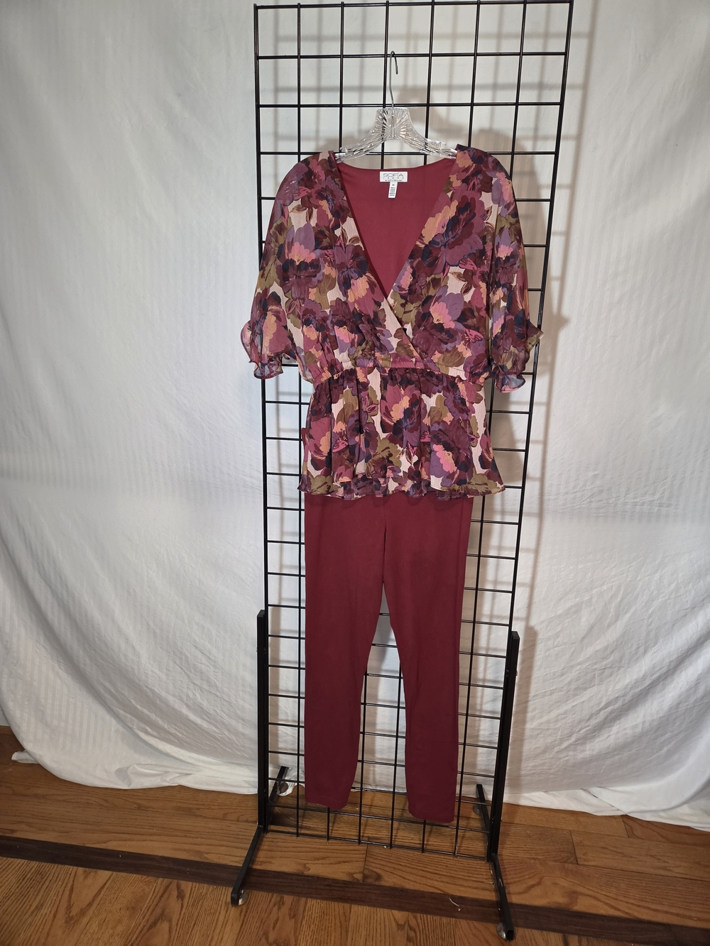 Floral Wrap Top & Burgundy Leggings Set - Women